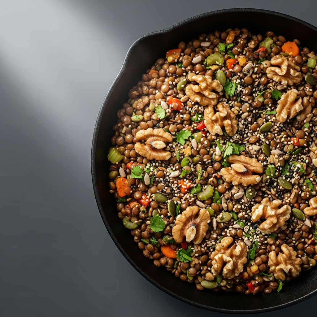hearty lentil, walnut, and seed skillet