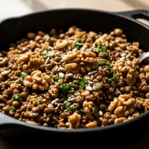 hearty lentil, walnut, and seed skillet